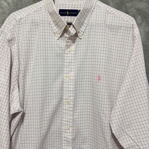 Ralph Lauren Button Dress Shirt 17.5 44 Long Sleeve Button Down Plaid White Pink